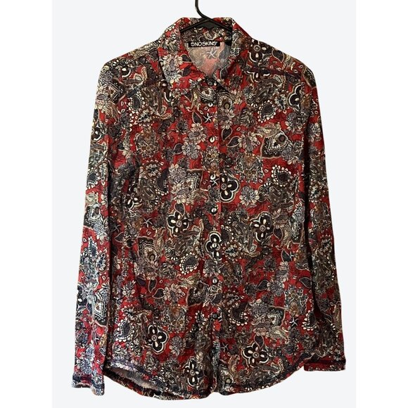 SNO SKINS Tops - Sno Skins Women's Small Long Sleeve Button Front Floral Blouse Red Navy Yellow